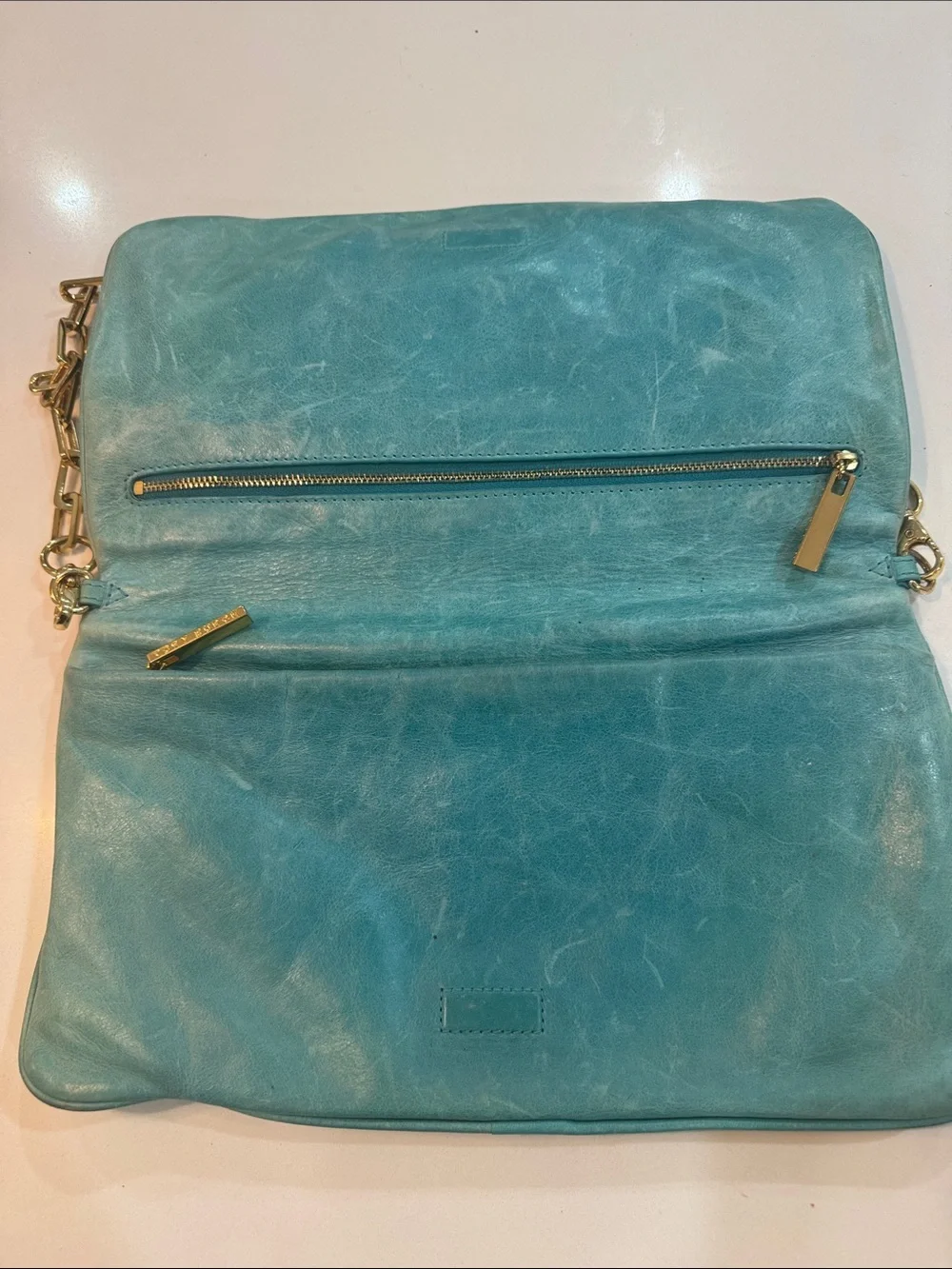 Tory Burch Teal Leather Logo Clutch with Gold Chain Strap